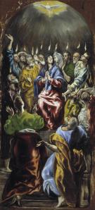 El Greco// Pentecostes// Obra tardía del artista que describe el descendimiento del espiritu santo en forma de lenguas de fuego; las figuras se agitan y ondean como las llamas que las coronan.