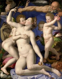 Bronzino// Venus y Cupido entre el tiempo y la locura// Realizado en 1545, es una de las obras reveladoras de la extrema audacia formal y la absoluta frialdad con que el manierismo italiano, realizando los mas difíciles contrastes, afrontaba asimismo el tema de la sensualidad y del amor.